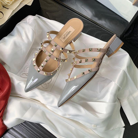 Pointed Thick heel Slippers Rivets Sexy Woman Pointed Toe Dress-BS00810-Veeddydropshipping