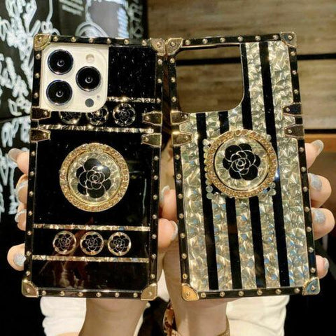 For iPhone 14 13 12 11 8 XS Glitter Bling Gold Flower Square Case Ring Kickstand-PA00170-Veeddydropshipping