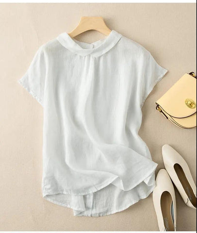 Short-sleeved Cotton Top Vintage Turn-down Collar Solid Shirt-Veeddydropshipping
