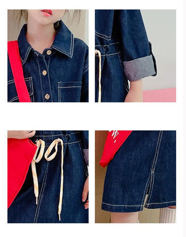 Kids Girl Denim Dresses Pockets Ropes-Veeddydropshipping