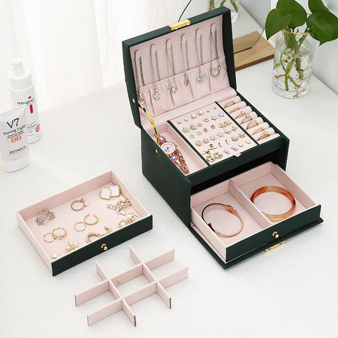 Three-layer Leather Drawer-style Jewelry Box Earrings Earrings Lock -JW01695-Veeddydropshipping