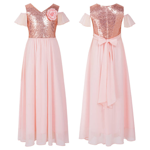 Kids Girls Shiny Sequin Chiffon Dress Sleeveless Cut-out Floor Length Party-TB00851-Veeddydropshipping