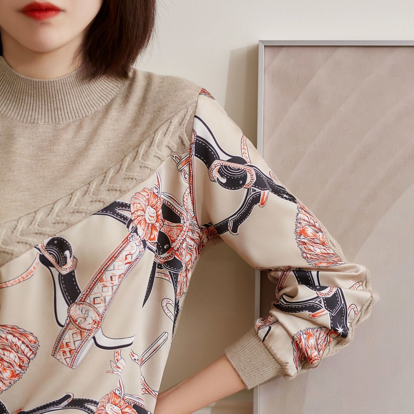 Neck Print Spliced Knitwear Pullovers Threaded Clothing-Veeddydropshipping