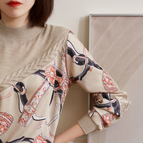 Neck Print Spliced Knitwear Pullovers Threaded Clothing-Veeddydropshipping