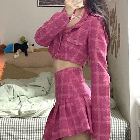 Sexy Ladies Plaid Short Cropped Top High Waist Mini Skirt-Veeddydropshipping