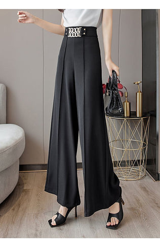 Lady Fashion High Waist Metal Spliced Wide Leg Pants-WF00506-Veeddydropshipping