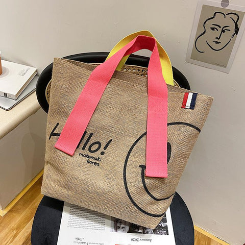 Woman Cute Cotton and Linen Printed Casual Shopping Bag Large-BS00226-Veeddydropshipping
