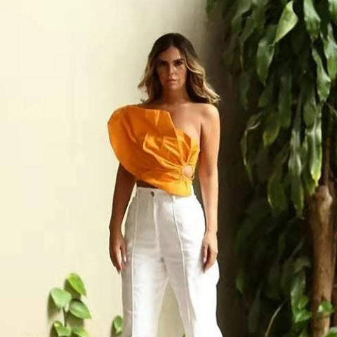 One Shoulder Crop Top Women Hollow Out Elegant T Shirts-WF00181-Veeddydropshipping