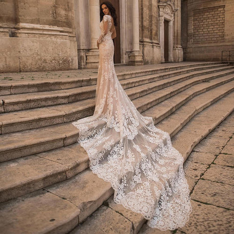Lace Long Sleeve Mermaid Wedding Dresses-WF01579-Veeddydropshipping