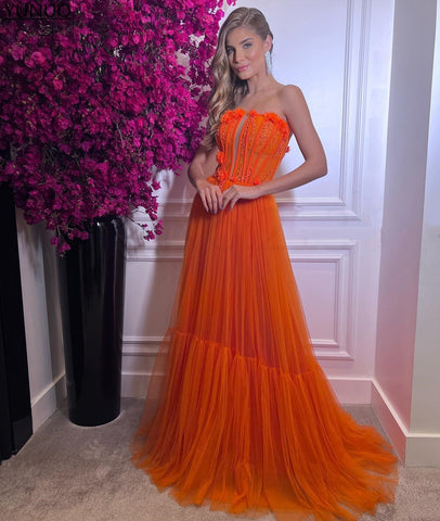 Tulle Long Prom Dresses Strapless Beaded Gowns-WF01625-Veeddydropshipping