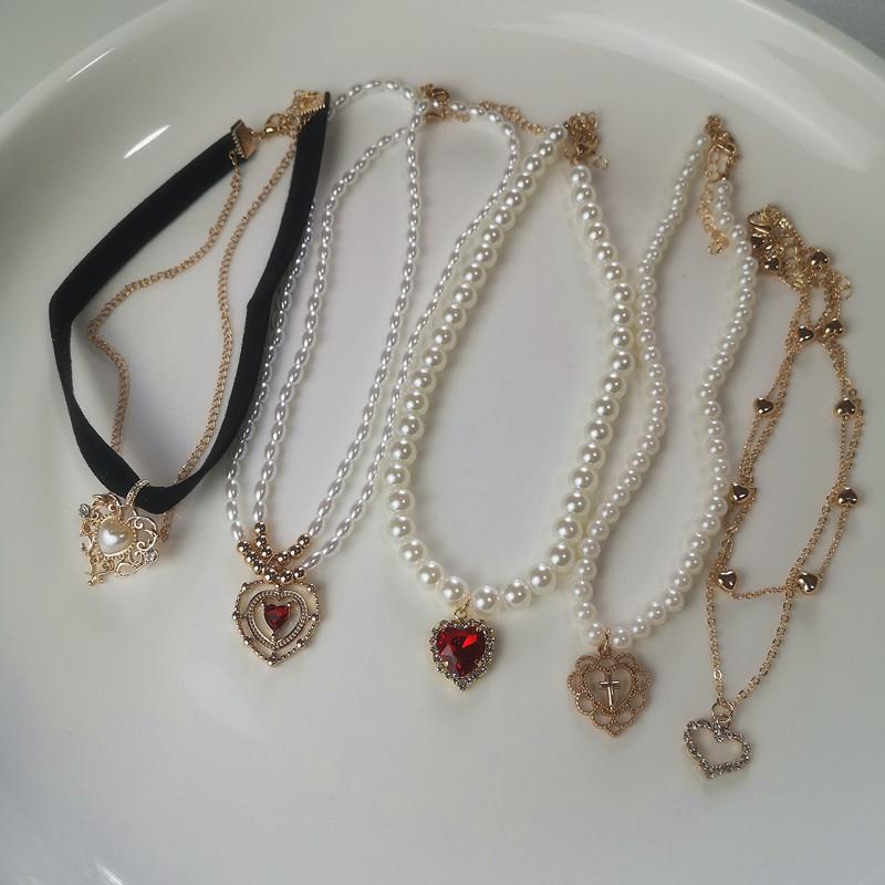 Love Heart Pendant Choker Zircon Pearl Chain Necklace -JW00156-Veeddydropshipping