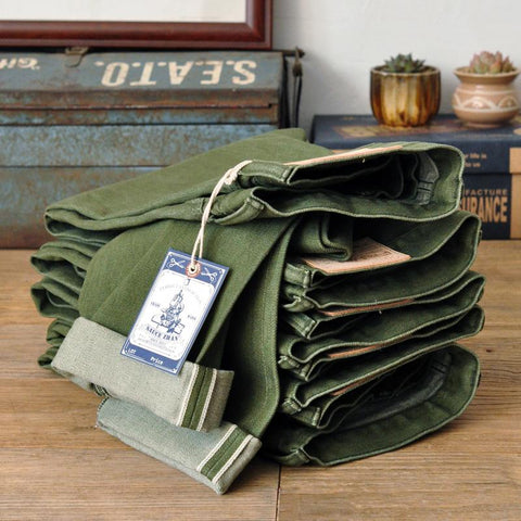 Saucezhan Men Jeans Vulcanization Olive Green 107 Selvedge Denim-TB01283-Veeddydropshipping