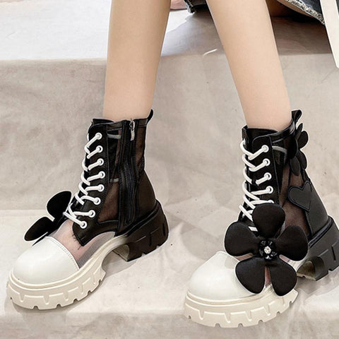 Brand Bow Chelsea Shoes Autumn Mesh Chunky Motorcycle-BS01063-Veeddydropshipping