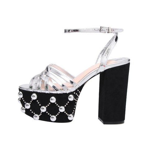 Metal Platform Sandals Large 34-42 Super High Heel Thick Bottom Rivet-BS00846-Veeddydropshipping