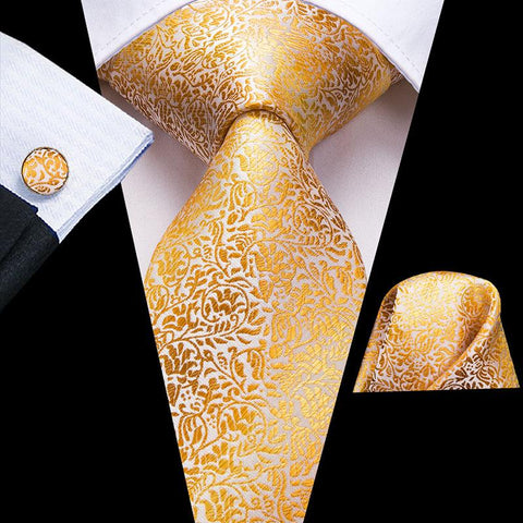 Floral Yellow Gold Ties and Handkerchiefs Cufflinks Set Men-JW01306-Veeddydropshipping