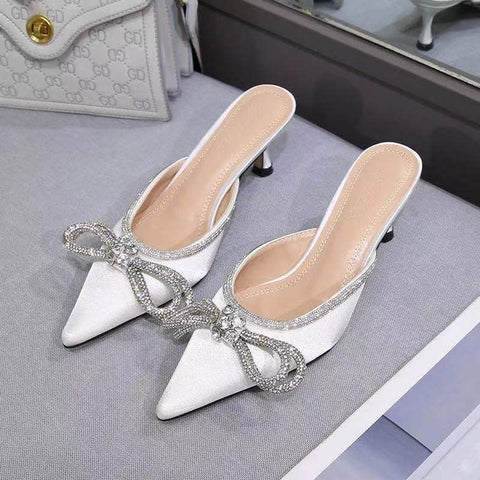 Rhinestone Baotou Shallow Mouth Slippers Middle Heel-BS01001-Veeddydropshipping