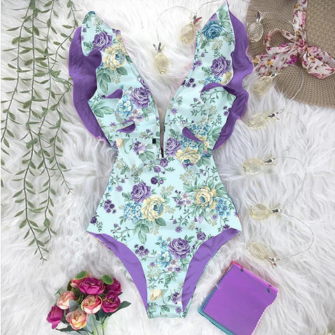 2022 New Print Swimwear Deep V-neck Ruffle Swimsuit Push Up One Piece Swimsuit-OS00066-Veeddydropshipping