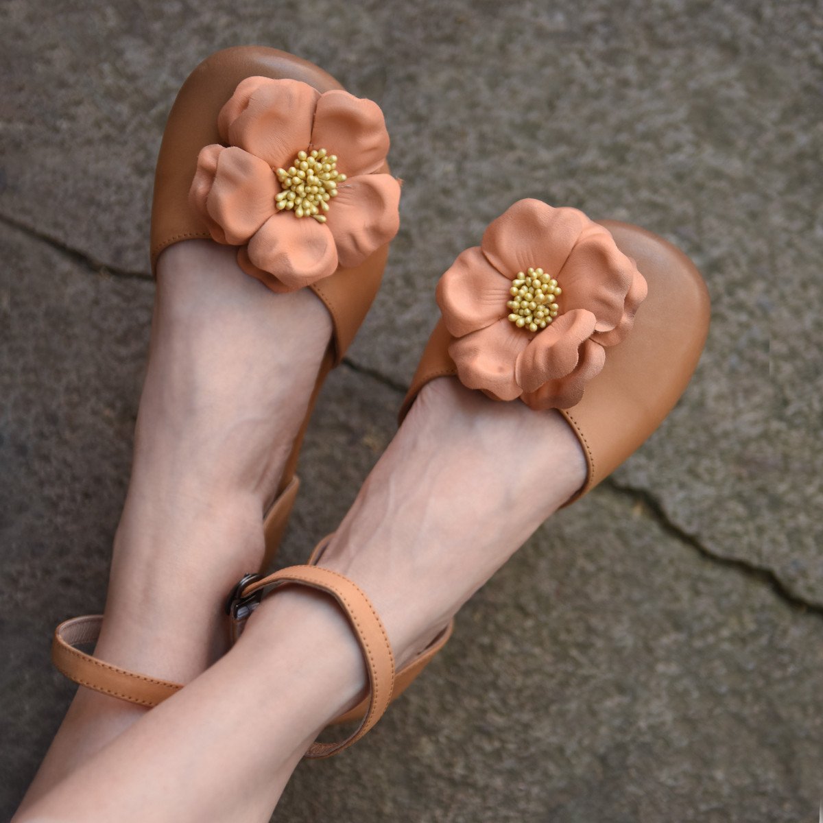 Flower Beach Shoes Closed Toe Handmade Genuine Leather-BS00860-Veeddydropshipping