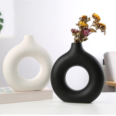 Nordic Vase Circular Hollow Ceramic Donuts Flower Pot-HA00297-Veeddydropshipping