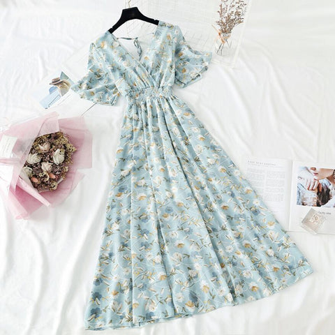 Women Ruffled Short-sleeved Chiffon Dress-WF00056-Veeddydropshipping