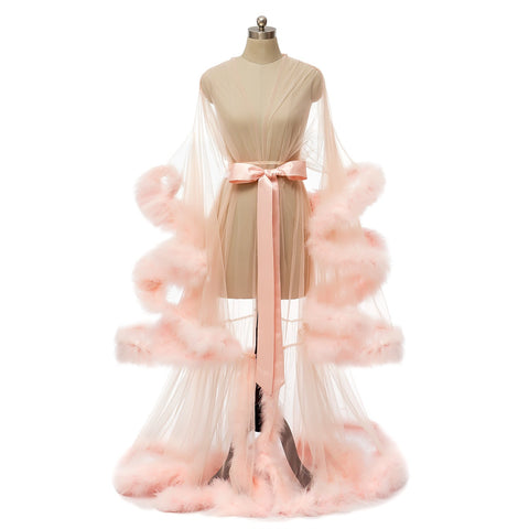 Long Sleeve Feather Tulle Party Evening Dresses-WF01595-Veeddydropshipping