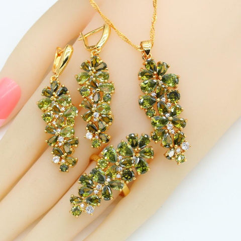 Green Peridot Gold Plated Jewelry SetsEarrings Necklace  -JW00206-Veeddydropshipping