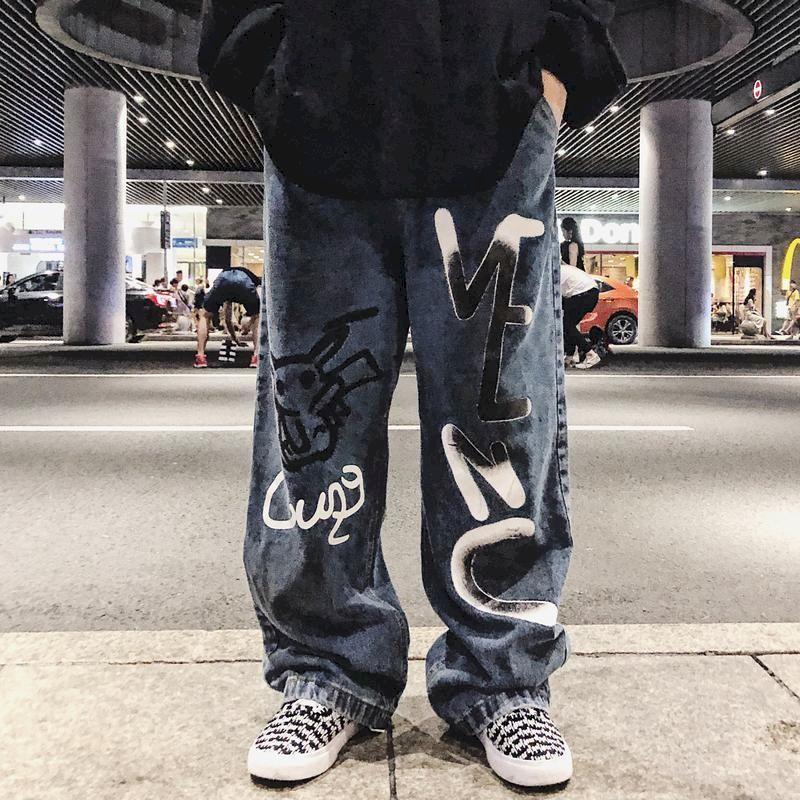 Wear Blue Yuansu Vintage Jeans Graffiti Wide Leg Wrap Straight-MF00437-Veeddydropshipping