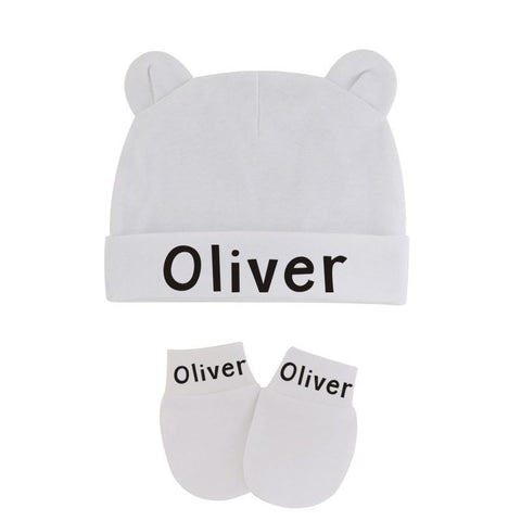 Custom Name Newborn Baby Cotton Beanies Hospital Hat and Mittens Set Solid Candy-TB00443-Veeddydropshipping