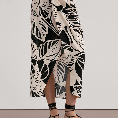 Modishdutti Fashion Leaves Print Midi Skirt-WF00396-Veeddydropshipping