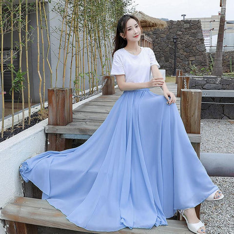 Pleated Women High Waist Chiffon Large Swing Skirt-WF00436-Veeddydropshipping
