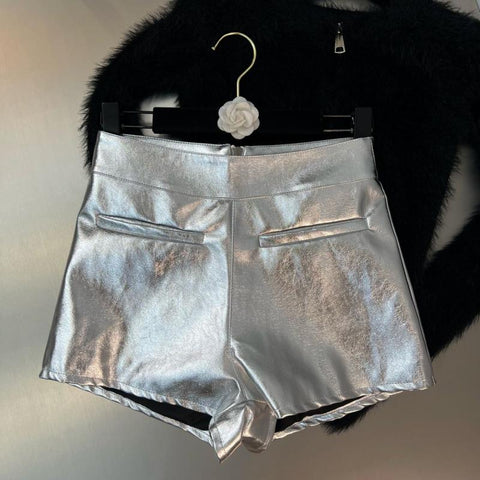 New Arrivals Silver Slim Pu Shorts Women-WF00535-Veeddydropshipping