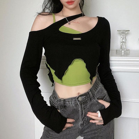 Off-the-shoulder Contrast Color Wave Edge-WF00092-Veeddydropshipping