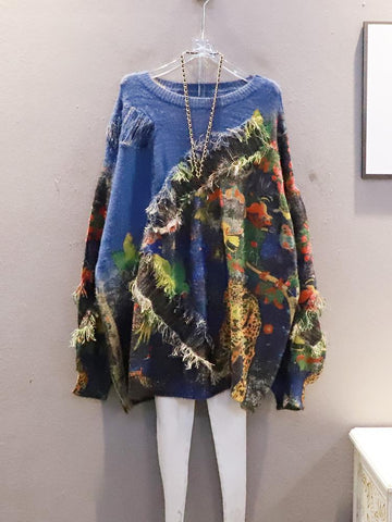 Fashion Knitting Sweater Contrast Color Splicing Irregular Tassel-WF00218-Veeddydropshipping