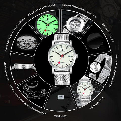 Automatic  Luminous Stainless Steel  Mechanical Swiss Railway Watch-JW00621-Veeddydropshipping