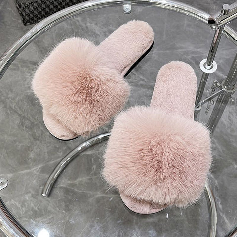 Winter Simple Word Fur Flats Soft Home Women Slippers Faux Fur-BS01121-Veeddydropshipping