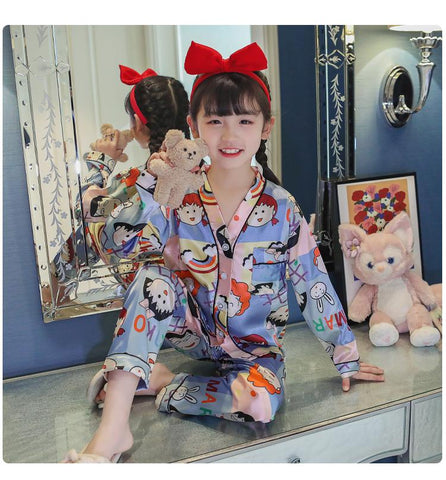 V -neck Kids Pyjamas Set Silk Satin Tops Pant Spring Autumn Childrens-TB01049-Veeddydropshipping