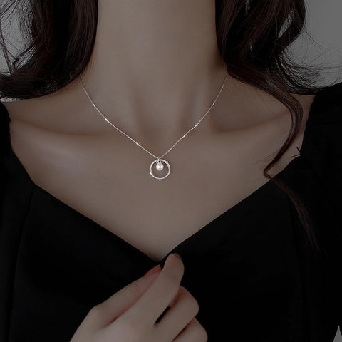 Silver Delicate Round Pearl Pendant Necklace  -JW00291-Veeddydropshipping