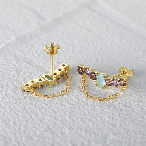 925 Sterling Silver Gold Plating Colorful Zircon Chain Stud Earrings for Women-JW00071-Veeddydropshipping