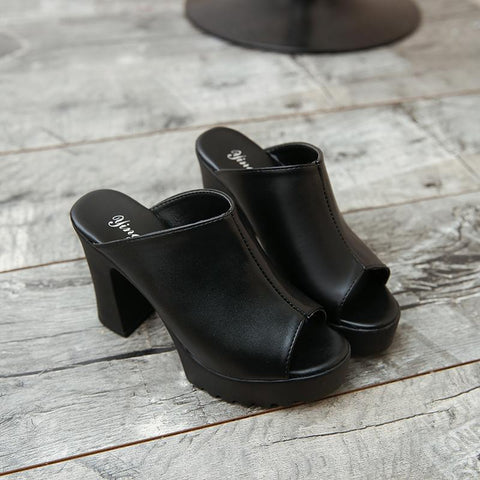 Toe Platform Mules Ladies Leather Sole Slippers Femal-BS01146-Veeddydropshipping