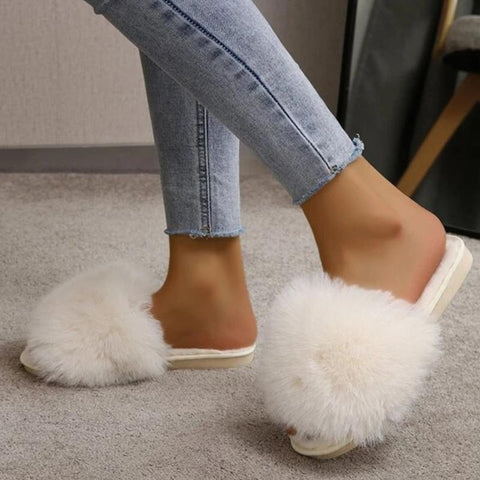 Winter Simple Word Fur Flats Soft Home Women Slippers Faux Fur-BS01121-Veeddydropshipping