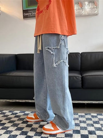 Jeans Men Retro Washed Patch Loose Wide Leg Pants-MF00612-Veeddydropshipping