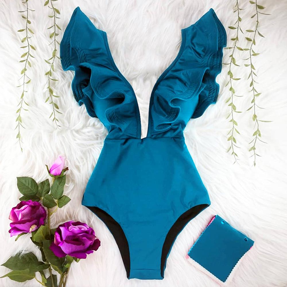 2022 New Sexy Ruffle Print Floral One Piece Swimsuit Off The Shoulder Swimwear-OS00046-Veeddydropshipping