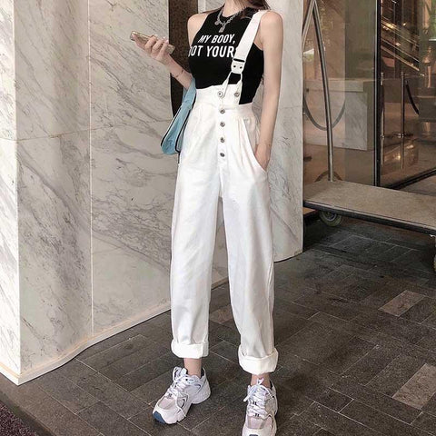 High Waist Denim Suspender Pants Loose Overalls Jumpsuits-WF00422-Veeddydropshipping