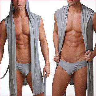 Sleeveless Oversized Silky Male Pajamas Hooded Bathrobe Ultra-thin Homewear-MF01599-Veeddydropshipping