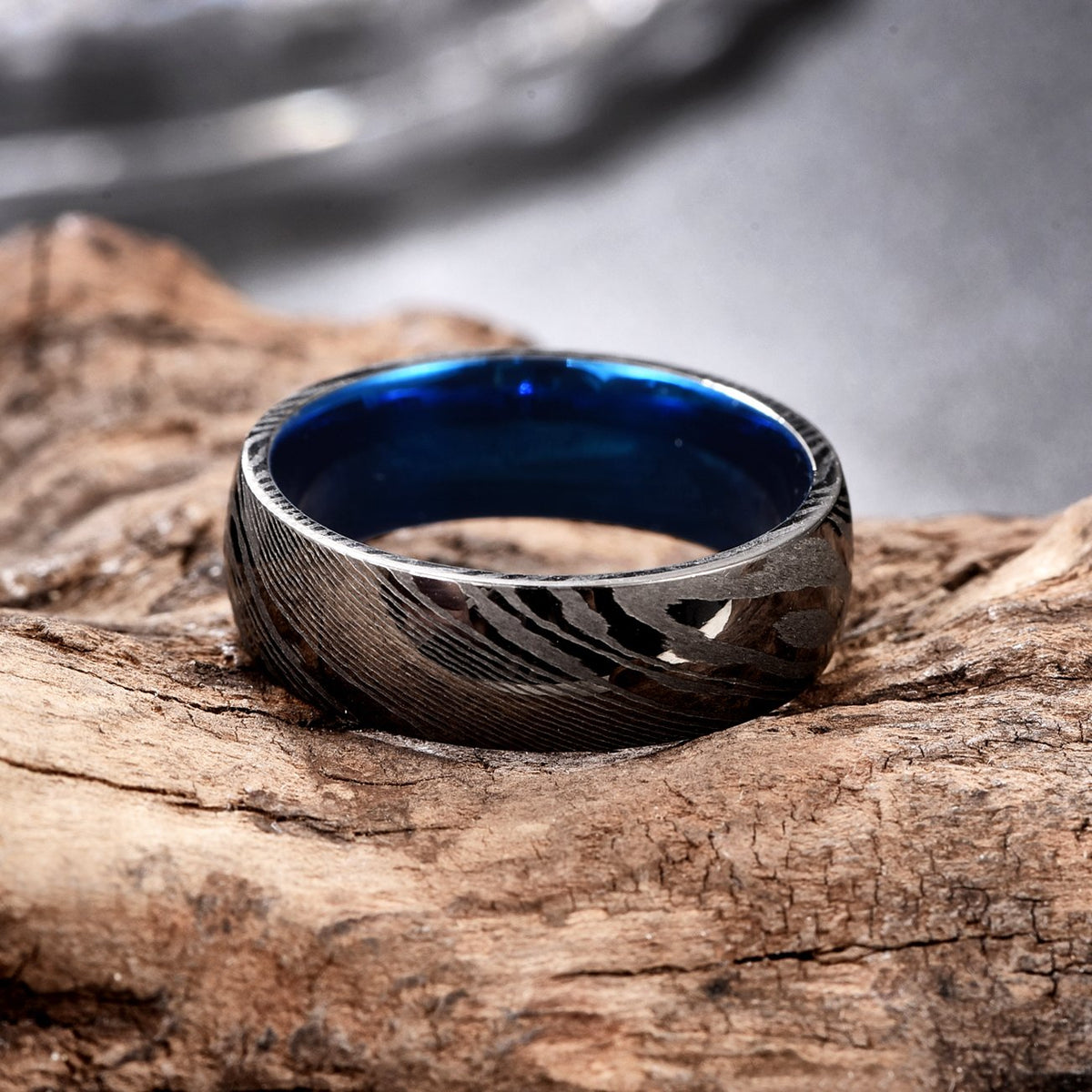 Damascus steel Ring Steel Black Damascus Gold Line Two-tone -JW00320-Veeddydropshipping