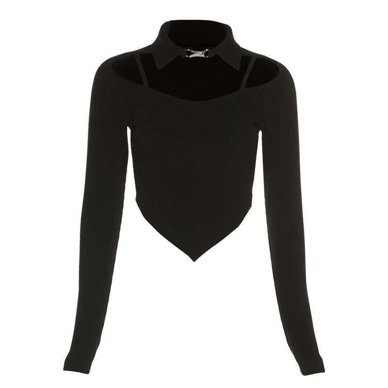 Women Solid Color Sexy Irregular Navel Long-sleeved Tees-Veeddydropshipping