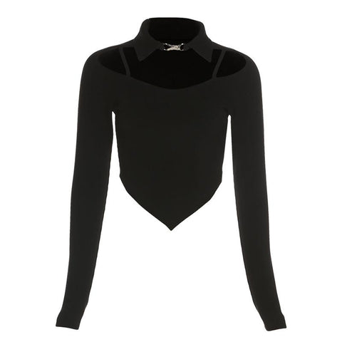 Women Solid Color Sexy Irregular Navel Long-sleeved Tees-Veeddydropshipping