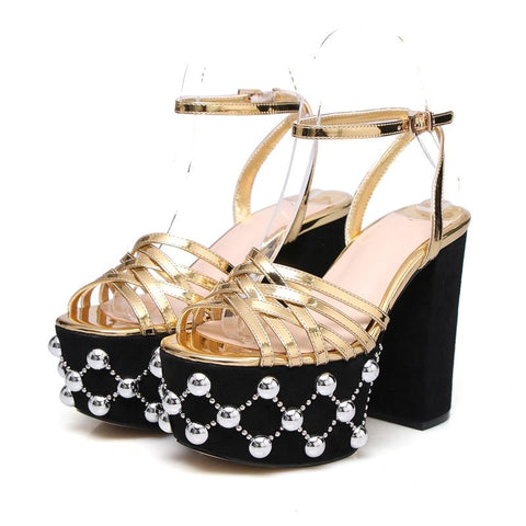 Metal Platform Sandals Large 34-42 Super High Heel Thick Bottom Rivet-BS00846-Veeddydropshipping
