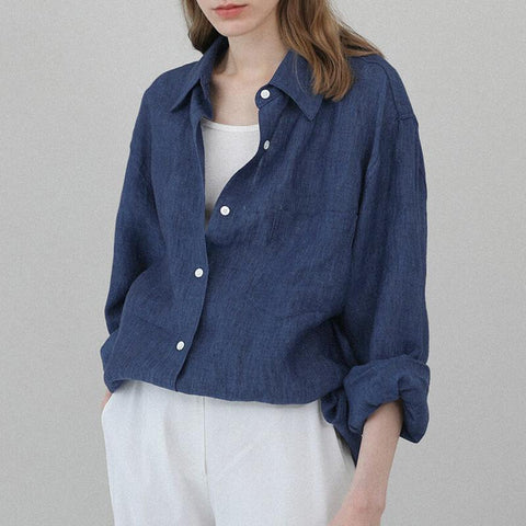 100% Linen Women Shirt Oversized Collar Long Sleeve