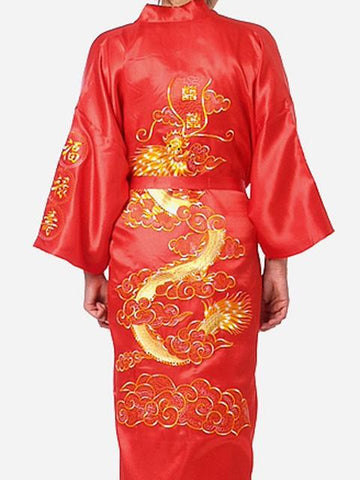 Men&#39;s Satin Silk Robe Embroidery Kimono Bath Gown Dragon-MF01602-Veeddydropshipping